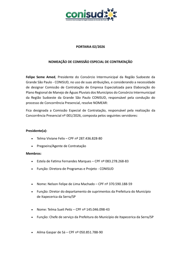 NOMEA&Ccedil;&Atilde;O DE COMISS&Atilde;O ESPECIAL DE CONTRATA&Ccedil;&Atilde;O